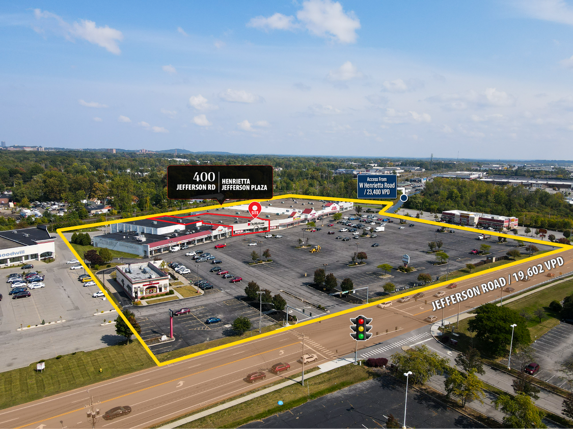 Aerial photo of Henrietta Jefferson Center with the available building outlined in red